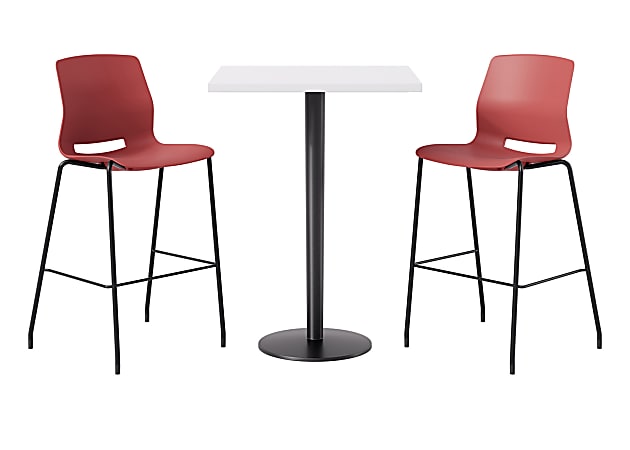KFI Studios Proof Bistro Square Pedestal Table With Imme Bar Stools, Includes 2 Stools, 43-1/2”H x 30”W x 30”D, Designer White Top/Black Base/Coral Chairs
