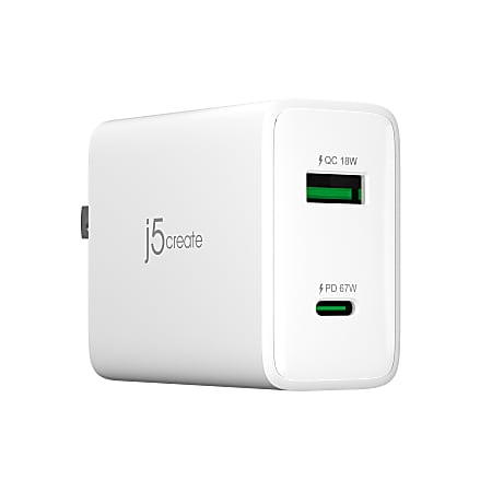 j5create 67W GaN USB-C 2-Port Charger, White, JUP2367