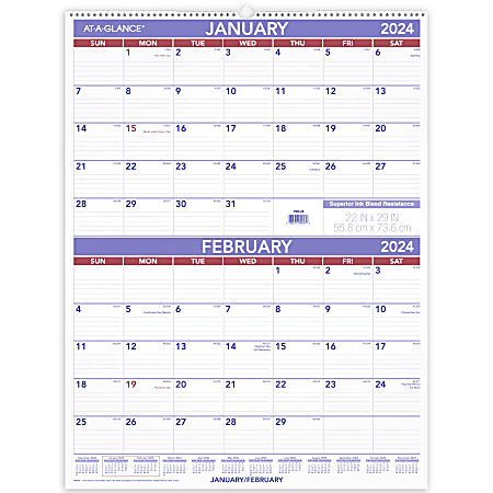 2024 AT-A-GLANCE® 2-Month Wall Calendar, 22" x 29", January To December 2024, PM928