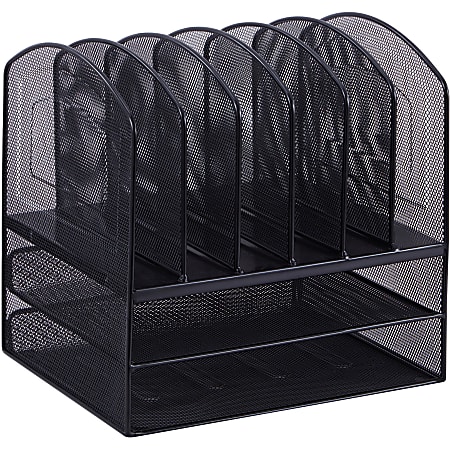 AUPSEN Desk Organizer Mesh Office Supplies Desk Accessories Features 5 Compartments + 1 Mini Sliding Drawer(Black)