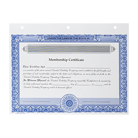 LLC Membership Certificates, Non-Personalized, 3-Hole Punched, 8 1/2 x 11”, Blue, Box Of 20