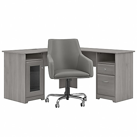 Bush Furniture Cabot 60"W L-Shaped Computer Desk With Mid-Back Leather Box Chair, Modern Gray, Standard Delivery