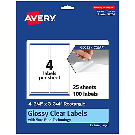Avery® Glossy Permanent Labels With Sure Feed®, 94254-CGF25, Rectangle, 4-3/4" x 3-3/4", Clear, Pack Of 100