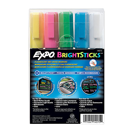 EXPO® Bright Sticks® Wet-Erase Fluorescent Markers, Assorted Colors, Pack Of 5