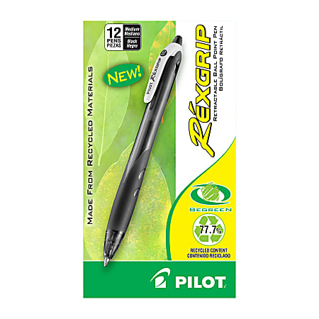 Pilot® Rexgrip BeGreen Retractable Ballpoint Pens, Medium Point, Black Ink, Pack Of 12 Pens