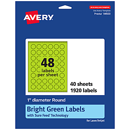 Avery® Print-To-The-Edge Labels With Sure Feed® Technology And Easy Peel® Label Feature, 94500-BGP40, Round, 1", Matte Bright Green, Pack of 1920