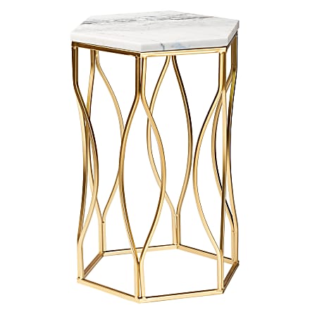 Baxton Studio Kalena End Table With Marble Tabletop, 20-15/16"H x 14-1/4"W x 12-7/16"D, Gold