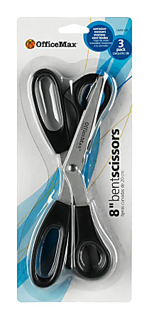OfficeMax Economy Stainless Steel Scissors, 8", Bent, Black, Pack Of 3