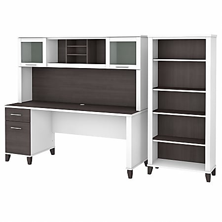 Bush® Furniture Somerset 72"W Office Desk With Hutch And 5-Shelf Bookcase, Storm Gray/White, Standard Delivery
