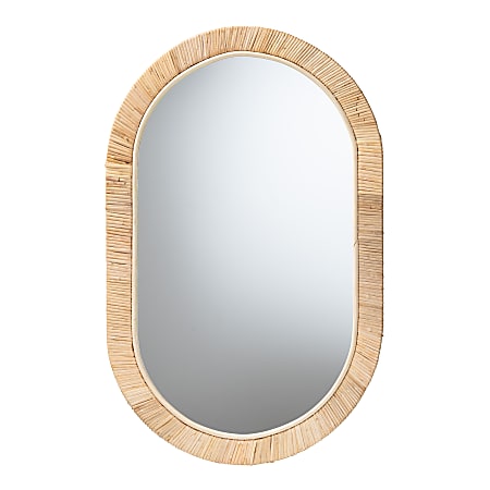 bali & pari Bella Modern Bohemian Mahogany Wood And Natural Rattan Oval Mirror, 33-1/8”H x 21-5/16”W x 1”D, Natural Brown