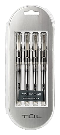 TUL® RB1 Rollerball Pens, Medium Point, 0.7 mm, Silver Barrel, Black Ink, Pack Of 4 Pens