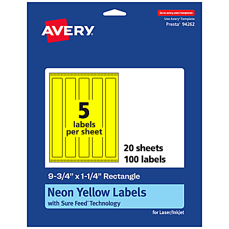 Avery® Print-To-The-Edge Labels With Sure Feed® Technology, 94262-NYP20, Rectangle, 9-3/4" x 1-1/4", Matte Neon Yellow, Pack of 100