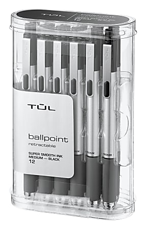 TUL® BP Series Retractable Ballpoint Pens, Medium Point, 1.0 mm, Silver Barrel, Black Ink, Pack Of 12 Pens