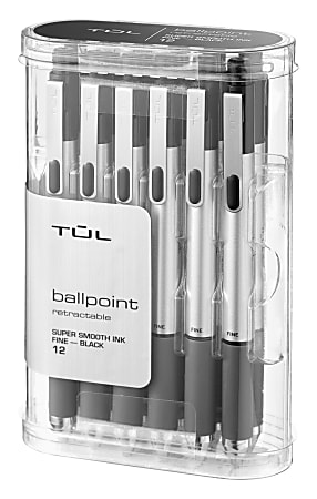 TUL® BP Series Retractable Ballpoint Pens, Fine Point, 0.8 mm, Silver Barrel, Black Ink, Pack Of 12 Pens