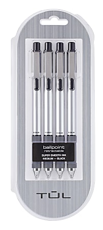 TUL® BP Series Retractable Ballpoint Pens, Medium Point, 1.0 mm, Silver Barrel, Black Ink, Pack Of 4 Pens