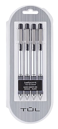 TUL® BP3 Retractable Ballpoint Pens, Medium Point, 1.0 mm, Silver Barrel, Black Ink, Pack Of 4 Pens