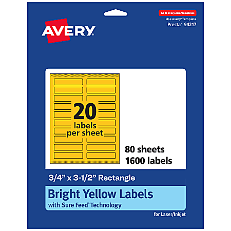 Avery® Print-To-The-Edge Labels With Sure Feed® Technology And Easy Peel®, 94217-BYP80, Rectangle, 3/4" x 3-1/2", Matte Bright Yellow, Pack of 1600