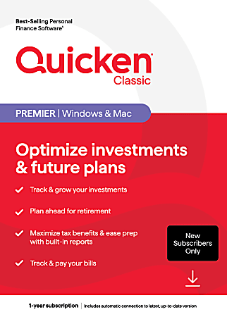 Quicken Classic Premier, New User, 1-Year Subscription, Windows®/Mac/iOS/Android Compatible, ESD