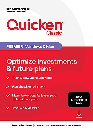 Quicken Classic Premier, New User, 1-Year Subscription, Windows&reg;/Mac/iOS/Android Compatible, ESD