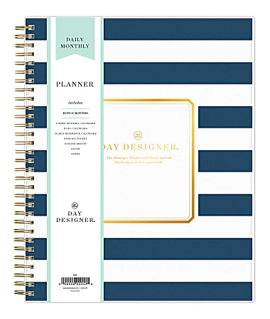 Blue Sky™ Day Designer Daily/Monthly PP Planner, 8" x 10", Navy Stripe, January To December 2021, 103622