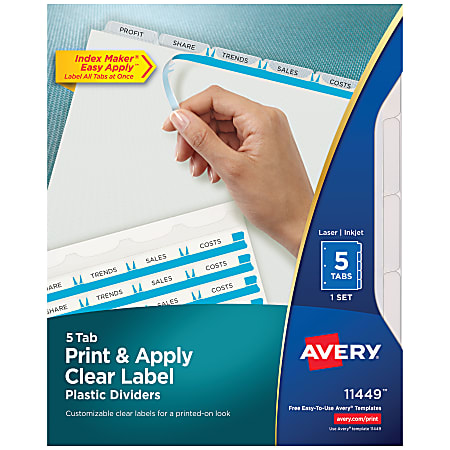 Avery® Print & Apply Clear Label Translucent Plastic Dividers with Index Maker® Easy Apply™ Printable Label Strip, 5 Frosted Clear Tabs