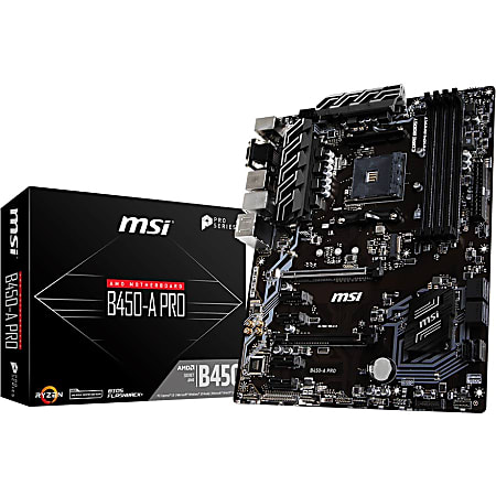 MSI B450-A PRO Desktop Motherboard - AMD B450 Chipset - Socket AM4 - ATX - 1 x Processor Support - 64GB DDR4 SDRAM Maximum RAM - 1.87 GHz, 2.13 GHz, 2.40 GHz, 2.67 GHz, 2.67 GHz O.C., 2.80 GHz O.C., 2.93 GHz O.C., 3 GHz O.C., 3.07 GHz O.C., 3.20 GHz O.C.