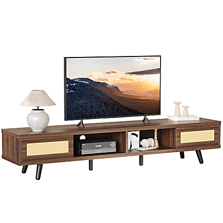 Bestier TV Stand with Rattan Sliding Doors, 16”H x 70-1/8”W x 15-9/16”D, Ancona Walnut