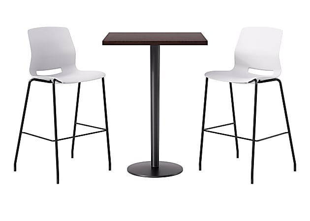 KFI Studios Proof Bistro Square Pedestal Table With Imme Bar Stools, Includes 2 Stools, 43-1/2”H x 30”W x 30”D, Cafelle Top/Black Base/White Chairs