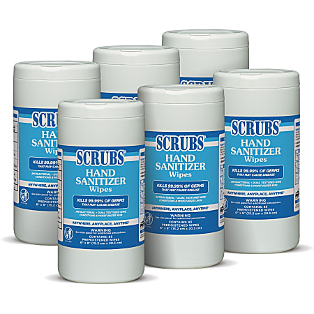 SCRUBS Hand Sanitizer Wipes - Blue, White - Abrasive, Non-scratching, Textured, Anti-bacterial - For Hand - 85 Per Canister - 6 / Carton