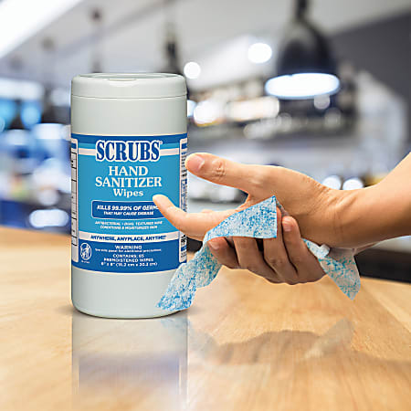 SCRUBS Hand Sanitizer Wipes - Blue, White - Abrasive, Non-scratching, Textured, Anti-bacterial - For Hand - 85 Per Canister - 6 / Carton SCRUBS Hand Sanitizer Wipes - Blue, White - Abrasive, Non-scratching, Textured, Anti-bacterial - For Hand - 85 Per Canister - 6 / Carton