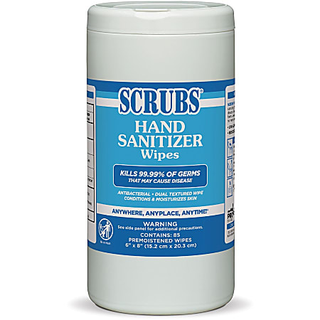 SCRUBS Hand Sanitizer Wipes - Blue, White - Abrasive, Non-scratching, Textured, Anti-bacterial - For Hand - 85 Per Canister - 6 / Carton SCRUBS Hand Sanitizer Wipes - Blue, White - Abrasive, Non-scratching, Textured, Anti-bacterial - For Hand - 85 Per Canister - 6 / Carton