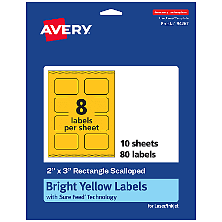 Avery® Print-To-The-Edge Labels With Sure Feed® Technology, 94267-BYP10, Rectangle Scalloped, 2" x 3", Matte Bright Yellow, Pack of 80