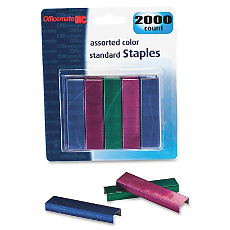 OIC Assorted Colors Standard Staples - 105 Per Strip - Heavy Duty - 1/4" Leg - 1/2" Crown - Holds 20 Sheet(s) - for Paper - Chisel Point - Assorted - 2000 / Card