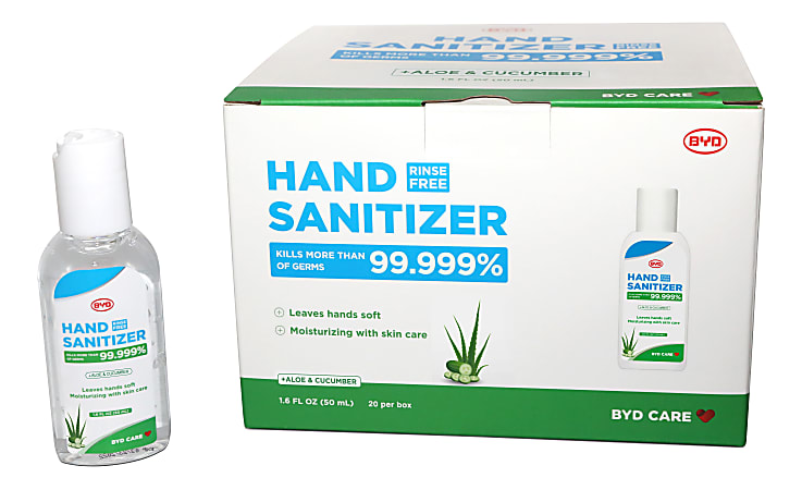 BYD Care Moisturizing Hand Sanitizer, Aloe & Cucumber Scent, 1.6 Oz, Box of 20 Bottles, FDA Registered and Listed