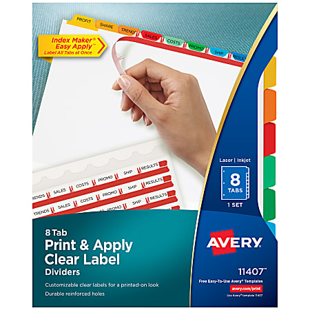 Avery® Customizable Index Maker® Dividers For 3 Ring Binder, Easy Print & Apply Clear Label Strip, 8 Tab, Multicolor, 1 Set
