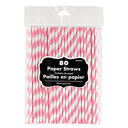 Amscan Striped Paper Straws, 7-3/4", Pink, Pack Of 80 Straws