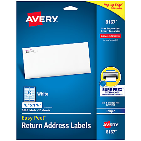 Avery® Easy Peel® Return Address Labels With Sure Feed® Technology, 8167, Rectangle, 1/2" x 1-3/4", White, Pack Of 2,000