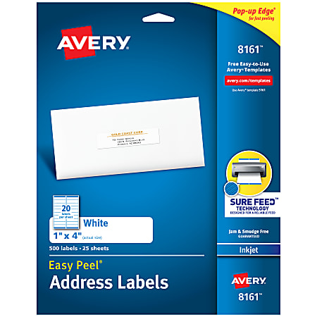 Avery® Easy Peel® White Inkjet Address Labels, 8161, 1" x 4", Box Of 500