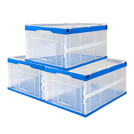 Mount-It! Folding Heavy-Duty Storage Crates, 12-1/2”H x 21-1/2”W x 15-5/16”D, Clear/Blue, Pack Of 3 Crates