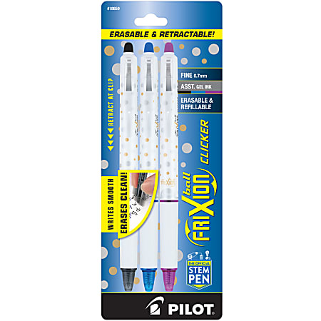 Pilot® FriXion® Ball Clicker Erasable Retractable Gel Pens, Pack of 3, Fine Point, 0.7 mm, White Dots Barrels, Assorted Ink Colors