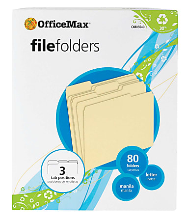 OfficeMax Manila File Folders, 1/3 Cut-Assorted, Letter, 80/Box