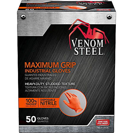 Venom Maximum Grip Nitrile Gloves - Chemical Protection - One Size Size - Diamond Textured - Orange