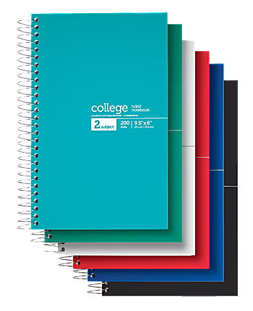 Office Depot® Brand Notebook, 9 1/2" x 6", 2 Subjects, College Ruled, 400 Pages (200 Sheets), Assorted Colors