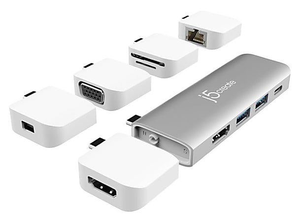 j5create UltraDrive Kit USB-C Multi-Display Modular Dock, 0.51"H x 1.34"W x 3.86"D, Silver, JCD389