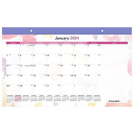 2024 AT-A-GLANCE® Watercolors Monthly Desk Pad Calendar, 17-3/4" x 11", 100% Recycled, January To December 2024, SK91-705