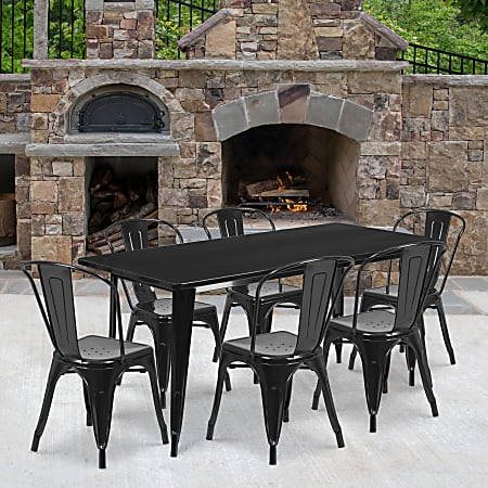 Flash Furniture Commercial-Grade Rectangular Metal Table Set With 6 Stack Chairs, 29-1/2"H x 31-1/2"W x 63"D, Black