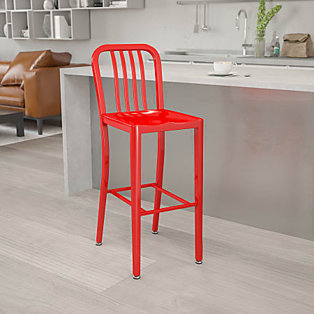 Flash Furniture Commercial-Grade 30"H Indoor/Outdoor Metal Bar Stool With Vertical Slat Back, Red
