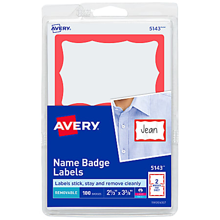 Avery® Name Tags, 05143, 2-1/3" x 3-3/8", White With Red Border, 100 Removable Name Badges