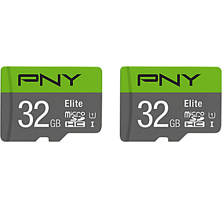 PNY Elite U1 85 Mbps microSD™ Cards, 32GB, Pack Of 2 Cards, P-SDU32X2U185EL-GE
