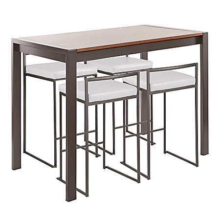 LumiSource Fuji Industrial Counter-Height Dining Table With 4 Stools, Antique Metal/Walnut/White